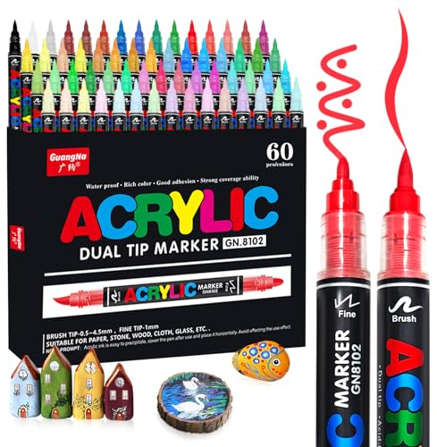 VAKKI Pennarelli Acrilici, 60 Colori Pennarelli Acrilici Doppia Punta 4.0g Acrylic Marker per Dipingere Sassi, Tessuti, Metallo, Vetro, Legno, Tela, Ceramica, Plastic, pennarelli per colorare adulti