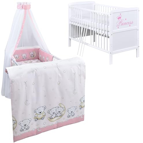 Generisch Baby Delux Babybett Komplett Set Kinderbett umbaubar zum Juniorbett weiß 70x140 Princess Bettwäsche mehrteilig (Teddy Mond rosa)