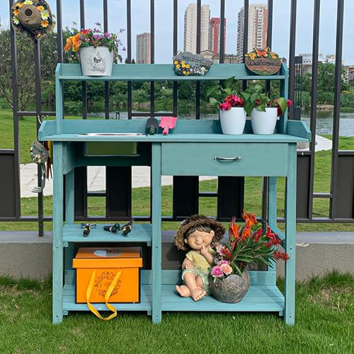 Outdoor Gardening Workstation - Wooden Potting Bench Work Table， Backyard Furniture Wood Workstation, For Deck/Greenhouse/balcony(B - Blue)