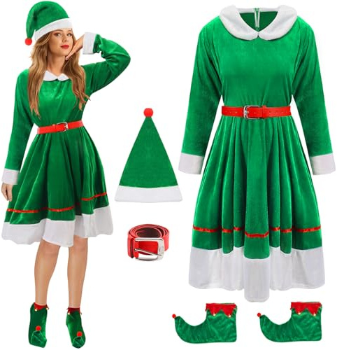 Mprocen Elfen Weihnachtskleid vierteiliges Set Weihnachtskostüm für Damen mit Hut Gürtel und Stiefelstulpen geeignet für festliche Anlässe und Rollenspiele