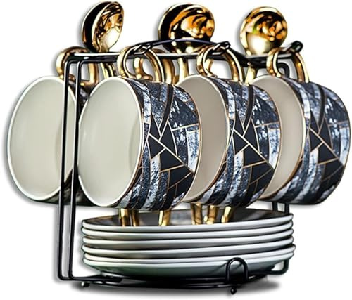 Espresso Cup and Saucer Set - 6 Oz Coffee Cups with Teaspoons and Rack - Perfect for Tea, Latte, Cappuccino - Set of 2