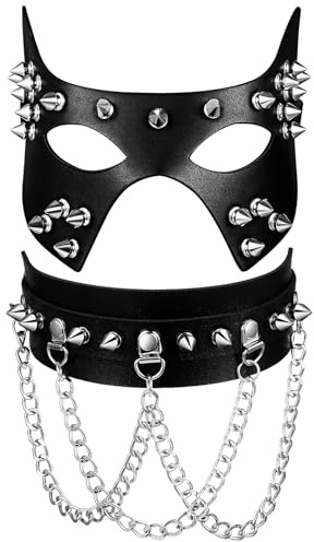JewelryWe Ensemble Masque et Choker Femme: Demi-Masque Bal Masqué Noir Sexy Cuir avec Ras-du-Cou Chaîne et Rivet Gothique Punk, Déguisement Halloween, Carnaval ou Soirée, Mascarade
