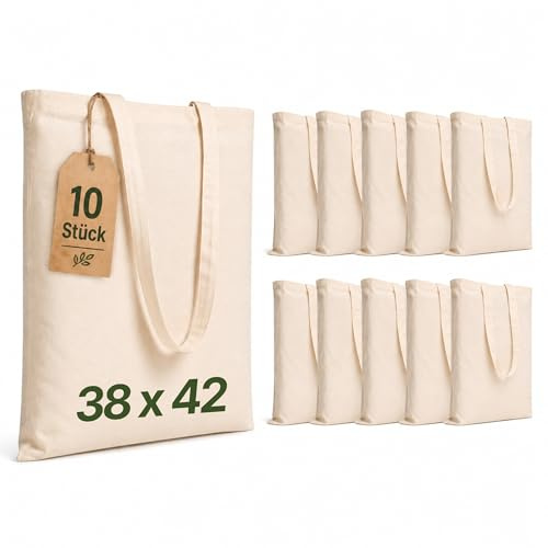LEATEX Stofftasche Baumwolltasche unbedruckt 38×42 cm 145 g/m² – Stoffbeutel zum Bemalen, Einkauf, DIY, Schule – Lange Henkel 70 cm – 5/10/25er Pack