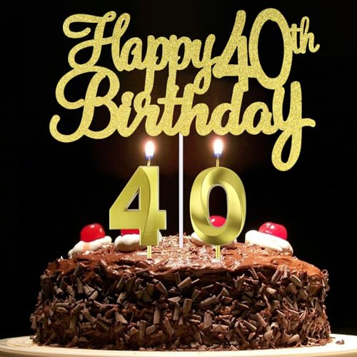 Happy 40th Birthday Cake Topper + 40th Birthday Candles, Number 40 Candles, 40 Cake Topper, 40th Birthday Cake Decorations for 40 Birthday Party Decoration (40)