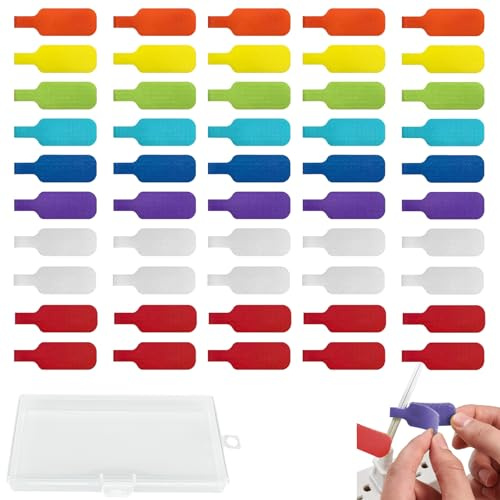 TREABEAR 50PCS Etiketten Selbstklebend Kabel Beschriftung mit Box, Kabelbeschriftung Beschreibbare Kabel Beschriftung, Multi Color Kabelmarkierer für Die Aufbewahrung Von Kabeln, Ladekabeln