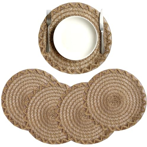 Juego de 4 manteles individuales de yute trenzado, lavables, redondos, reversibles, juego de 4 manteles individuales para decoración de cocina y mesa de comedor, 39 cm
