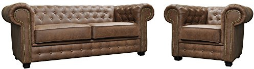 Sofas and More Astor Chesterfield Style Sofa Set 3+2 Seater Armchair Brown Faux Leather (3+1 Seater)