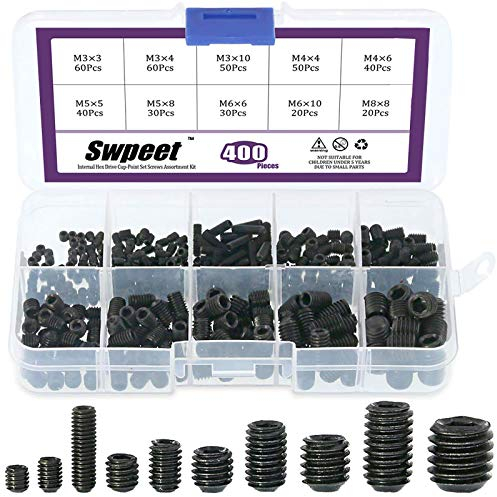 Swpeet 400 pcs Allen Tête Douille hexagonale Vis sans tête Assortiment kit, y compris 10 tailles M3/4/5/6/8 Interne hexagonale Drive Cup-point Lot de vis pour poignées de porte, robinet, light Fixtur