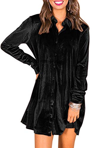 Womens Velvet Button Down T Shirts Swing Mini Dress Casual Long Sleeves Lapel Tunic Tops Black Large