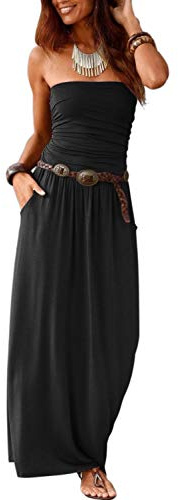 Alaster Queen Women’s Strapless Bandeau Summer Long Floral Dress Off Shoulder Beach Maxi Dress with Pockets (Black, Small(US4-6))