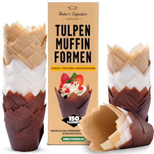Tulip Cupcake Cases, 150 Pcs – White, Beige and Brown, Disposable Muffin Liners for Baking – Paper Wrappers for Home, Wedding, Events, Kids' Parties – Easy to Remove by Baker's Signature