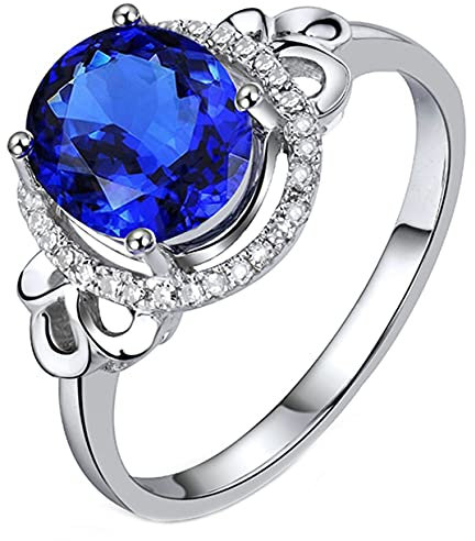 AMDXD Verlobung Ringe 18k Weißgold, 2.4ct Rund Blau Tanzanite mit 0.11ct Diamant Damenringe, Freundin Ehefrau, Weiß Gold, Gr.50 (15.9)