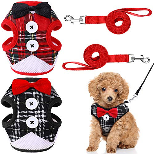Svee 2 Stück Kleine Hunde Geschirr und Leine Set, Weiches Mesh Plaid Welpengeschirr Haustier Weste mit Bowknot, Verstellbares Hund Walking Harness Knöpfen für Mittlere Katzen (S) (M)