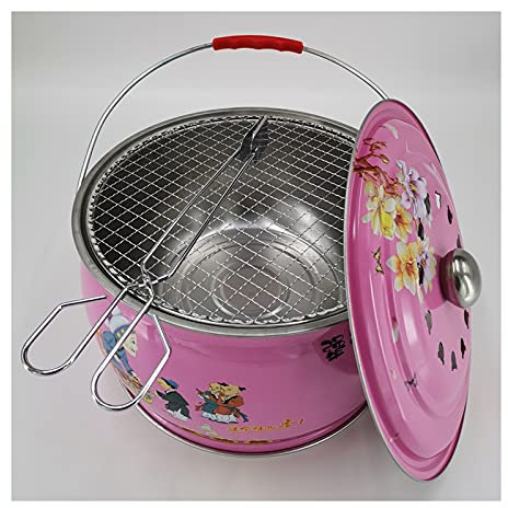 zxb-shop Holzkohlegrill 12,2-Zoll-runde Form Holzkohlegrill mit Griff und lebendigem Farbmuster Outdoor Camping Courtyard Picknickbraten Fleisch Home BBQ Kohleofen Campinggrill (Color : Pink)
