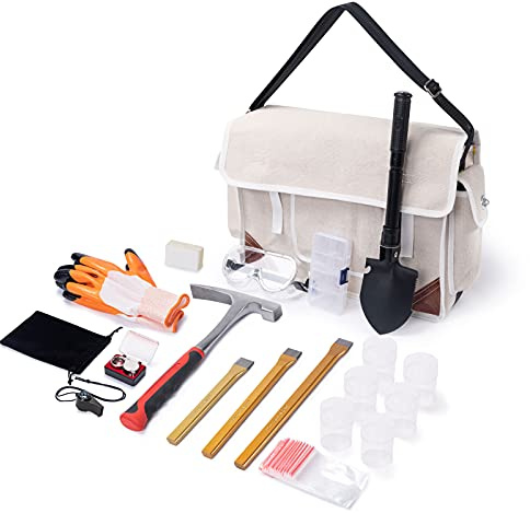 20 PCS Geology Tools and Rock Pick Hammer Set for Rock Hounding, Gold Mining with Brick Hammer, 3 PCS Digging Chisels, Folding Shovel, Gloves, White Musette Bag