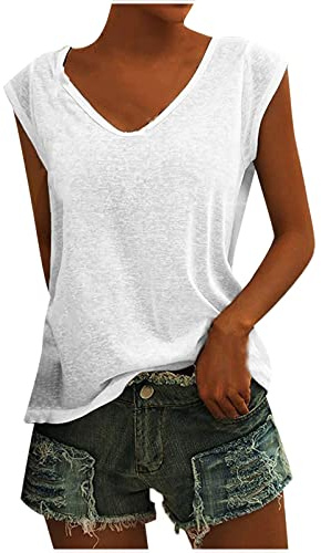 KOG Bluse Damen Elegant Ärmellose T-Shirt Shirt Casual Weiß Oberteile mit Flügelärmeln Frauen Schwarz Kleidung Frau Grau Sommer Shirts Top Damen V-Ausschnitte Tshirt Klamotten Weiß M