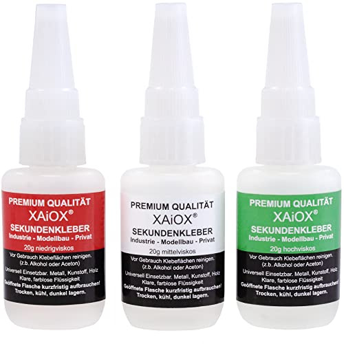 Sekundenkleber 3er Set dünnflüssig Mittelflüssig Dickflüssig - GEL extra stark für Plastik und andere Materialien 20g - wasserfest und hitzebeständig