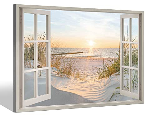 Window Canvas Wall Art Print: Modern Beach Coastal View Sunset Picture Decor Bedroom Ocean Sea Scene Seascape Artwork Bathroom Relaxing Horizontal Seaside Seashore Grass Nature Landscape Painting for