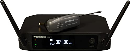 WOODBRASS Drahtloses Gitarrensystem mit Hochleistungssender & latenzfreiem Empfänger. UHF-Sender für Gitarre, Bass, Instrument Aktiv oder Passiv 50 Meter Wiederaufladbar (Band F4-865 MHz)
