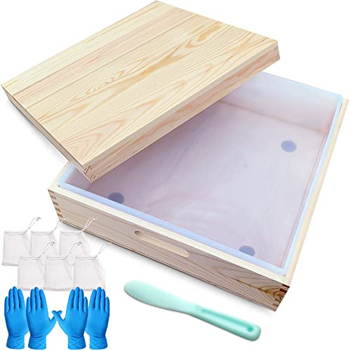 Quadratische Seifenformen für die Seifenherstellung, große Größe – 8 l, 8,2 kg, große rechteckige Seifenform, Silikon, mit Holzbox und Holzabdeckung, Seifenverpackung, Handschuhe, Rührstab