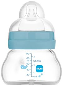 MAM Glasflasche, für Neugeborene, 0 Monate, 90 ml, mit Sauger 0, extra langsamer Fluss aus Silikon, leicht anzunehmen, leicht zu reinigen, Feel Good, Blau, 1 Stück