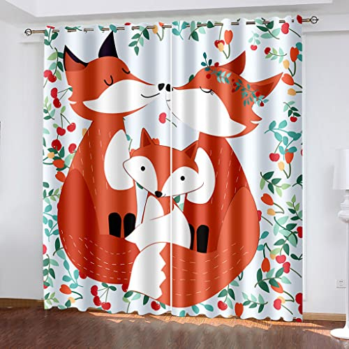 GSKOQD Blickdichter Vorhang Kinderzimmer Verdunkelungsvorhang 3D Digitaldruck Cartoon Kreativer Fuchs Ösenschal 2Er Set 260 X 280 cm（H X B） Vorhänge Wohnzimmer Schlafzimmer Thermogardine