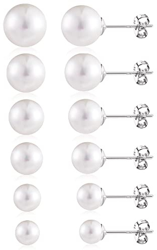 ALEXCRAFT Sterling Silver Pearl Stud Earrings for Women - 6 Pairs White Multipack, Hypoallergenic, 5/6/7/8/9/10mm