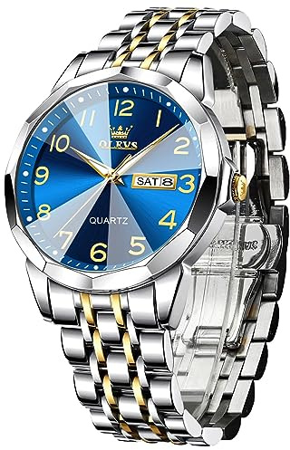 OLEVS Blue Watches for Men Large Face Arabic Numerals Analog Watches Two Tone Stainless Steel Band Big Wrist Men Wristwatches Time and Day Waterproof Luminous Hands Classic Old Man Watch Quartz Reloj