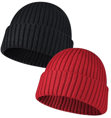 NLAND Vinter Trawler mössa hatt för män unisex stickad manschett vintermössa dödskallemössa stretchig varm fiskarmössa för kvinnor, Rött+svart, one size