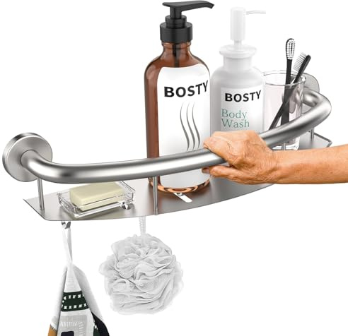 Zepolu Dusch-Haltegriff aus satiniertem gebürstetem Nickel, 45,7 cm, 45,7 cm, Edelstahl, 2-in-1 Shampoo-Regal, Haltegriff, Wandhalterung, Sicherheitsbalken für Badezimmer, Unterstützung,