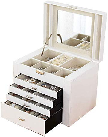 BONOOL Schmuckschatullen, 5 Ebenen, große Schmucktruhe für Halsketten, Ohrringe, Sonnenbrillen, Armbänder, Uhren, weiße Schmuckschatulle für Damen