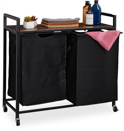 Relaxdays Mueble para Ropa Sucia, 2 Cestos Extraíbles, Estantería Colada con Ruedas, Diseño Industrial, Negro y Marrón