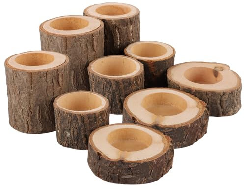 JMIATRY 9er-Set Teelichthalter Holz, Kerzenständer Holz, Natürliche Baumstumpf Kerzenhalter für Halloween, Weihnachten, Valentinstag, Heimdekoration