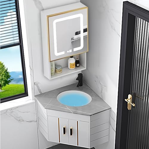 BREZO Eck-waschbecken mit unterschrank und Spiegelschrank, Platzsparendes wandmontiertes Badezimmer-Waschtischset for kleine Räume(GY)