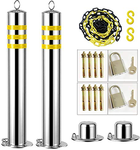 Absperrkette und 2 Sicherheitsbarrieren für Einfahrten, Set aus Edelstahlabsperrung und Kunststoffkette, reflektierende Bandabsperrungen mit Aufhängering, bewegliche Basis (650 mm × 76 mm) (650 mm ×