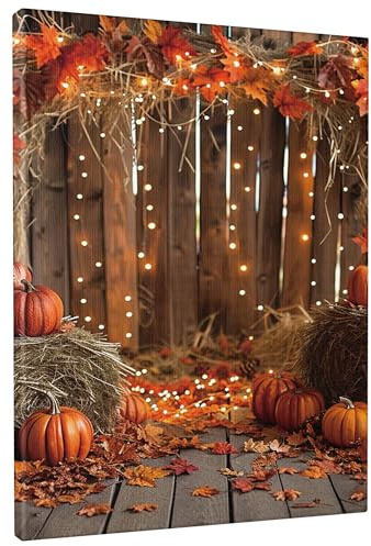 Kunstdruck auf Leinwand, Motiv: Herbsternte Kürbis, rustikale Lichter, Herbst-Wandkunst, Heimdekoration für Wohnzimmer, Schlafzimmer, Thanksgiving, LED, 30,5 x 40,6 cm