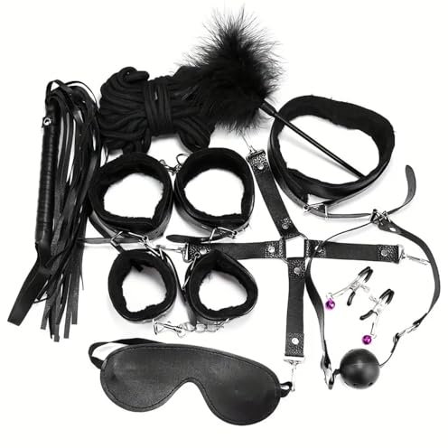 10 pezzi di manette di peluche set nero, polsini alla caviglia, maschera per gli occhi, collana frusta gioco, accessori corda