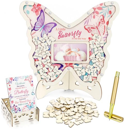 SelfTek Boîte de rangement pour livre d'or pour fête prénatale, alternative au livre d'or avec cadre photo, 60 jetons en bois et stylo, panneau de livre d'or pour fête prénatale, décoration de fête