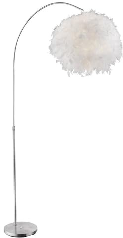 Bogenleuchte mit Federn Stehlampe Wohnzimmerleuchte Stehleuchte höhenverstellbar, silber weiß, 1x E27, BxH 96x141-196 cm
