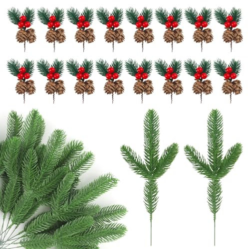 Xbessc 32 Pezzi Rami di Abete Artificiale con Pigne Bacche Rosse Rami per Decorazioni Natalizie Plastica Aghi Artificiali di Pino Verde per Decorare la Tavola Composizione Floreale Ghirlanda DIY