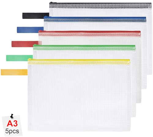 OFFCUP A3-filpåsar, 5 stycken vattentät dragkedja, mesh-dokumentpåse, bärbar dokumentpåse, plastpåse för kosmetiska kontor, resetillbehör