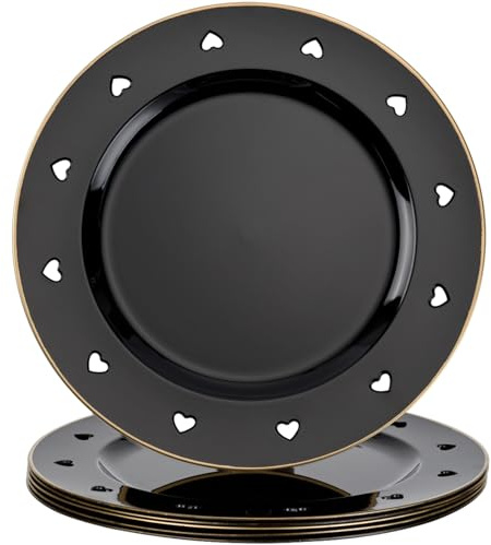 13 Round Black Charger Plates, Heart Hollow Chargers for Dinner Plates with Golden Border, Formal Table Setting Accessory Centerpiece Bluk Wedding, Valentine's Day, Galentine's Day, Set of 6
