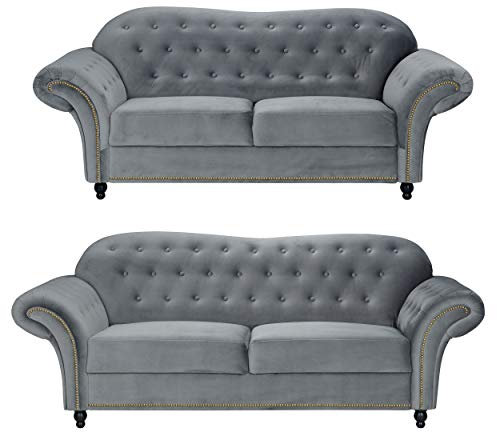 Sofagarnitur aus französischem Samt Lyon im Chesterfield-Stil, 3 + 2-Sitzer, Sessel in Blau, Silber, Grau, elegante Wohnzimmermöbel für moderne Häuser
