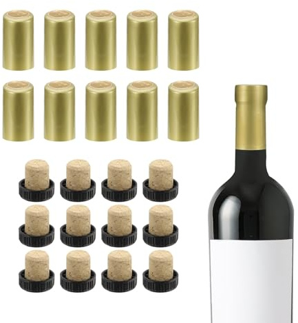 QUARKZMAN 100Pcs Capsules Thermorétractables PVC 12Pcs Bouchons Bordeaux Liège Forme T Bouchon Bouteille Capsules Thermorétractables pour Verres, Caves Bordeaux, 32x45mm, Or