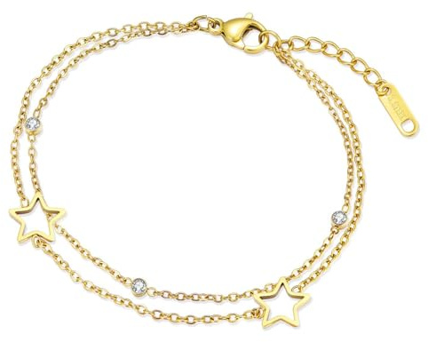 Lantine Bracelet for Women Titanium Steel Paperclip Link Chain Layered Bracelet Star Beaded Pearl Maple Leaf Daisy adjustable Bracelets with Extension Chain Gift for Mum Sister Daughter Girlfriend
