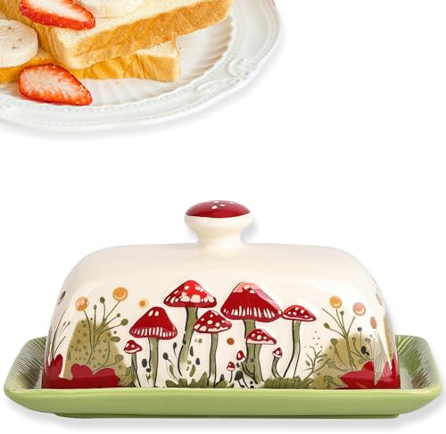 Ceramic Butter Dish with Lid, 19 x 10 cm Mushroom Butter Container Decor | Porcelain, Cute Shape, Small Green Butter Storage Dish with Tray for Countertop Gifts Kitchen Serving Cooking Accessories