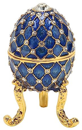 Egg Shaped Trinket Box, Enameled Jewelry Box Hinged Jewelry Ring Holder Unique Decorative Small Metal Box Treasure Chest Antique Jewelry Box with Golden Tripod Base (Blue)