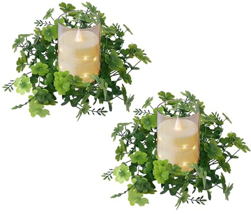2/4 Stück Frühlingsdeko Kerzenring, 25CM Osterkranz Kerzenkranz Künstlicher Frühlingskranz Kerzenring Eukalyptus Kranz Kerzenringe mit Klee Osterkranz Kerzenkranz Blumenkranz für Tischdeko (A)