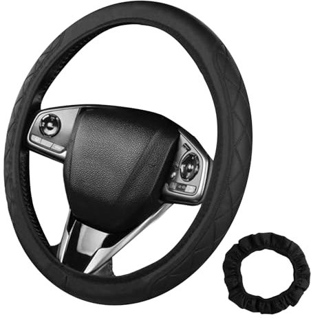 Steering Wheel Cover Leather, Premium Soft Leather Car Steering Wheel Cover, Breathable & Comfortable Grip, Universal Fit 37-38cm / 14.5-15inch Black, Durable Microfiber Car Decoration Accessories