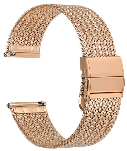 WOCCI 18mm Elite Uhrenarmband aus Metall für Damen und Herren, Gewebtes Mesh Armband, 316L Edelstahl, Schnellverschluss, Verbesserte Faltschließe (Roségold)